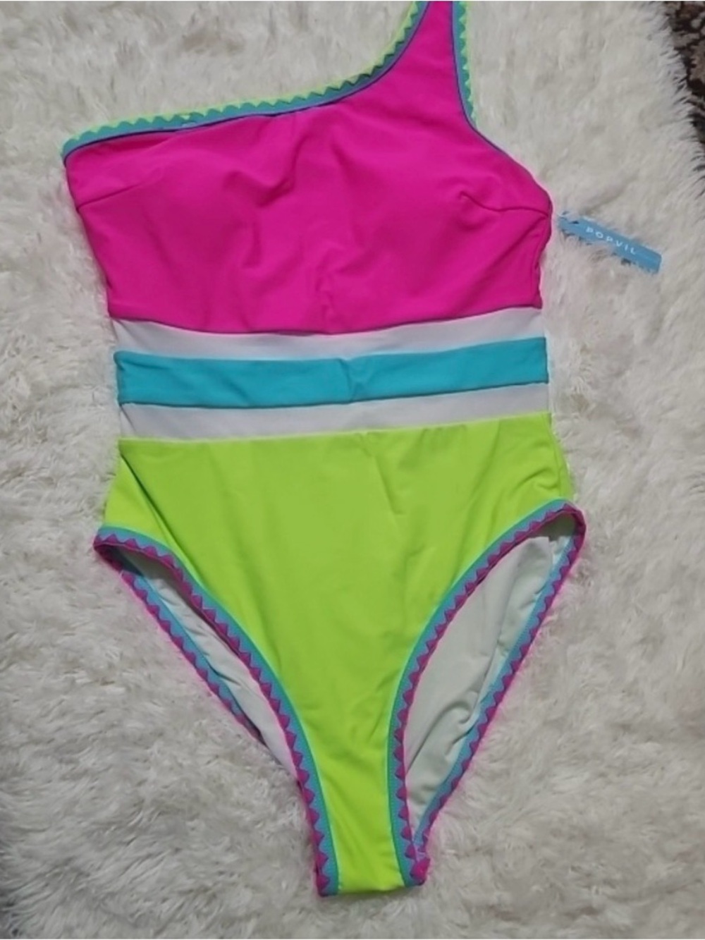 One-Shoulder Colorblock Women’s One-Piece Swimsuit - Hot Pink & Lime - Picture 2 of 5
